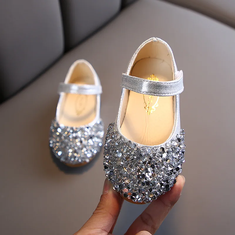 Girls Rhinestone Princess Shoes Flats Baby Dance Party Girls Shoes Sweet Antiskid Soft Children Bling Kids Shoes 2022New E724