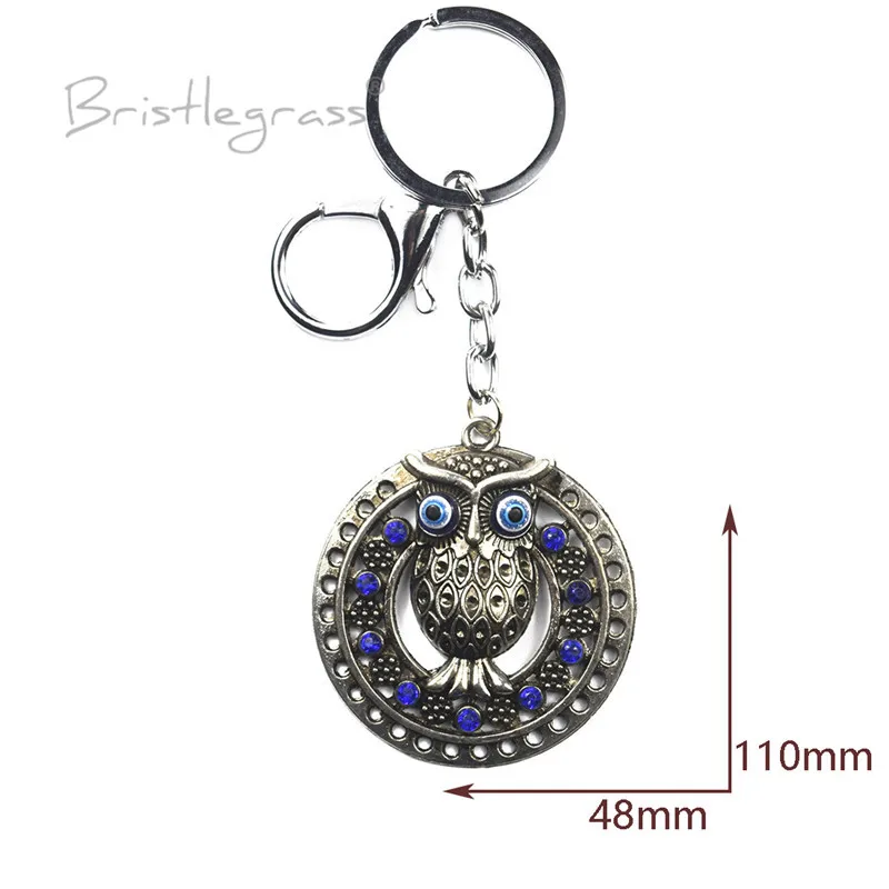 BRISTLEGRASS Turkish Blue Evil Eye Rhinestone Owl Disk Keychain Car Key Chains Ring Holder Lucky Charm Hanging Pendants Blessing