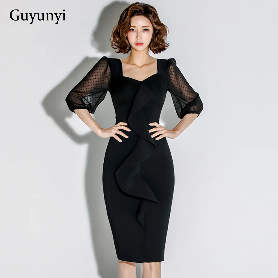 

High Waist Tight Office Lady Dress Summer Black Square Collar Half Puff Sleeve Decorated With Ruffles Elegant Party Dress Women