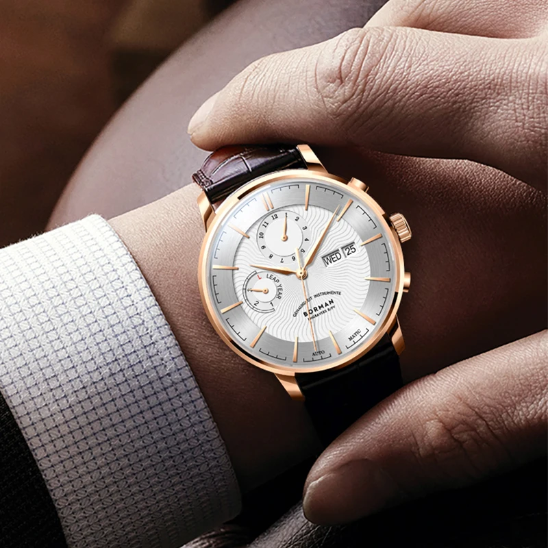 BORMAN Men Automatic Watch 41mm Mechanical Wristwatch Waterproof Sapphire Mirror Multi Dial Leap Year Month Week Date