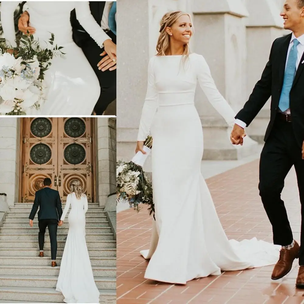 Vestido de novia de sirena con mangas largas y cuello barco para mujer, vestido de novia sencillo y elegante, 2023