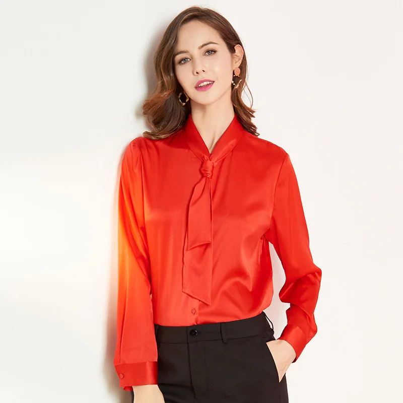 CISULI Silk Blusas sciarpa colletto donna camicia manica lunga nero/rosso Office Lady Blusa Feminina