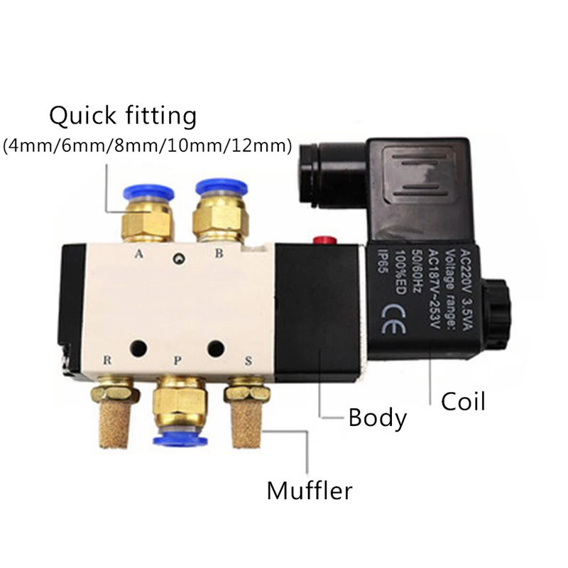 Pneumatic Valve Electric Solenoid Valve 4v410-15 Control Air Gas Magnetic 5 Way 2 Position DC12V 24V AC110V 220V Coil Volt
