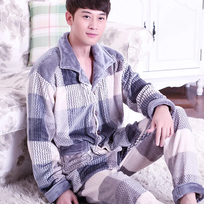 H5750 Autumn Winter Coral Fleece Pajamas Men Long Sleeve Cute Flannel Home Wear Suit Male Turn Down Causal Leisure Sleepwear