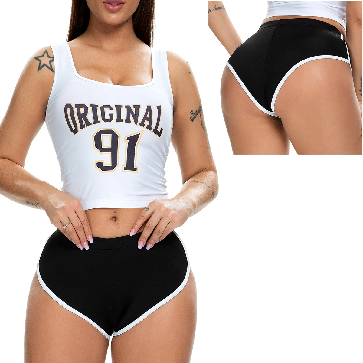 Women Summer Mid-rise Elastic Waist White Edge Booty Yoga Shorts Female Sports Gym Workout Exercise Fitness Running Mini Shorts