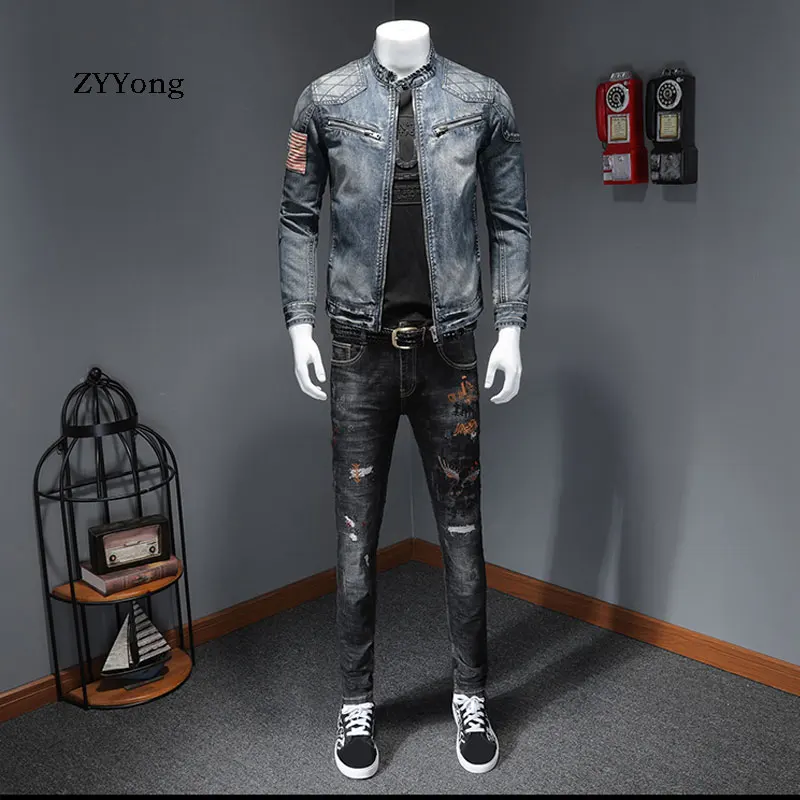 Zyyong Châu Âu Và Mỹ Nam Plus Nhung Dày Denim Áo Khoác Nỉ Nam Áo Khoác Áo Cổ Đứng Xe Máy Denim jacke