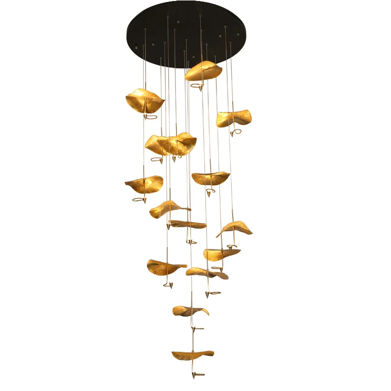 Copper lotus leaf pendant light light luxury duplex staircase light living room dining room art pendant lamps