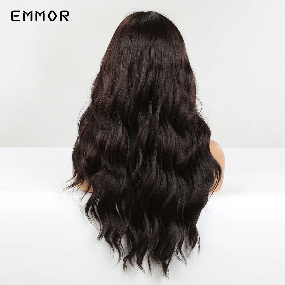 Emmor Synthetic Natural Black Brown Water Wavy Wigs with Bangs Dark Brown Wave Hair Wig  for Women Heat Resistant Fiber Hair Wig