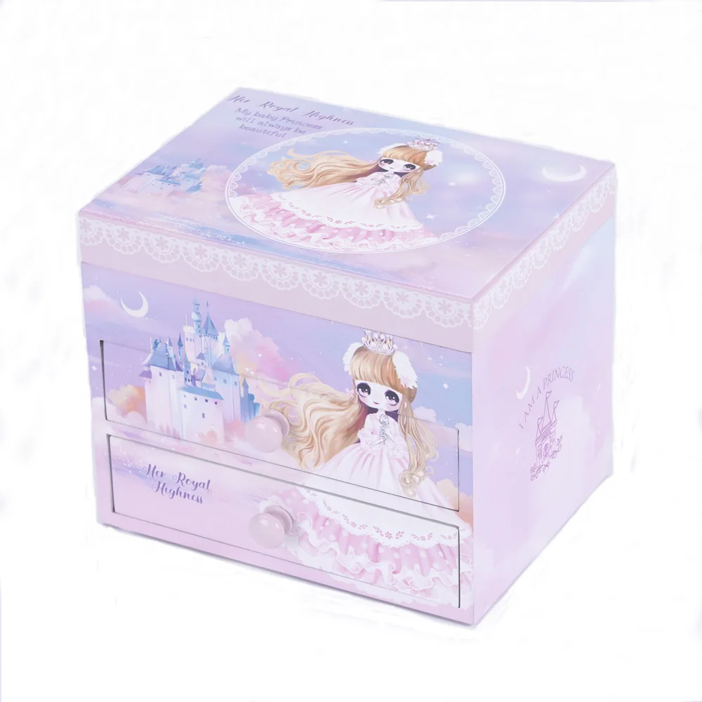 Rotating girl MDF wood material Mirrored Clockwork Mechanical Musical Jewelry Box with 2-Layer Compartment Drawer