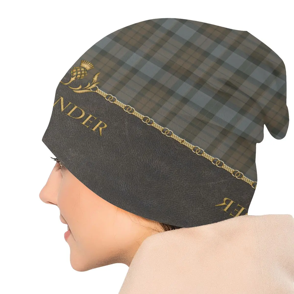 Custom Bonnet Warm Knit Hat Leather And Tartan Outlander Pattern Skullies Beanies Caps Plaid Check Texture Beanie Hats Ski Cap