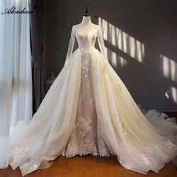 Alonlivn Chic Organza Bridal Gowns Exquisite Embroidery Appliques O-Neck 2 In 1 Detachable Train Wedding Dress Customize Made