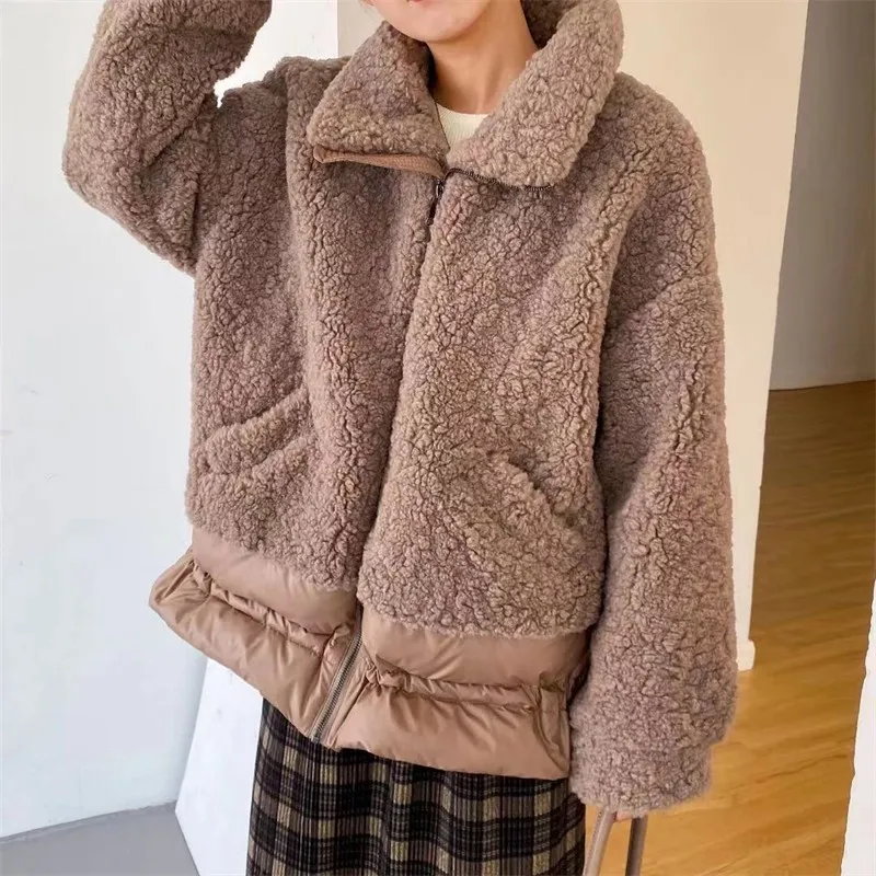 

Lamb Wool Thick Fashion Women's Winter Korean Loose Zipper Top High Quality Faux Fur Overcoat Luxury Lapel White Duck Down Coat