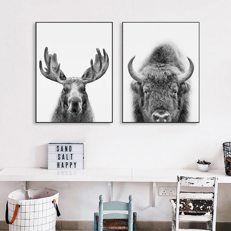 Forest Animal Moose Print Black White Photo Poster Nursery Decor ,Buffalo Wall Art Pictures Canvas Painting Boys Kids Room Decor