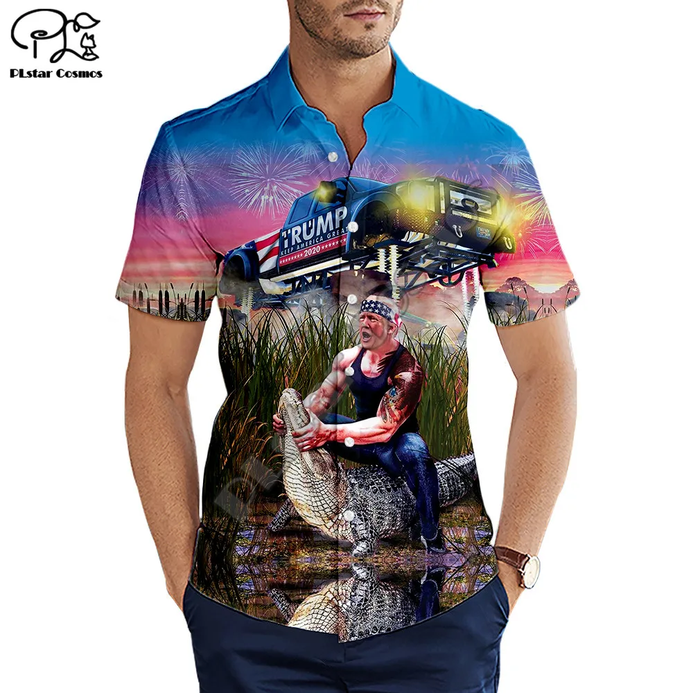 Hawaiian beach summer Fashion Short sleeve shirt Funny Trump Riding a crocodile Print 3d Mens Shirt Casual Harajuku Tee shirts