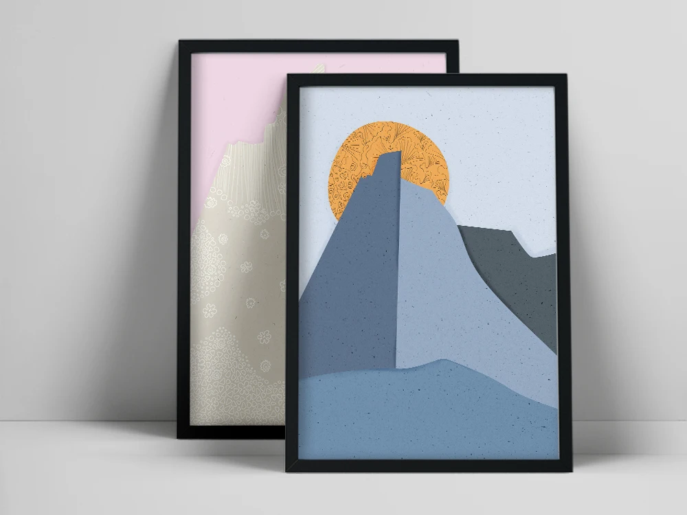 Set of 3 Abstract Art Prints, Mountain Moon & Sun Landscape Print, Blue Yellow Purple posters, Minimalist Wall Art, tury Modern