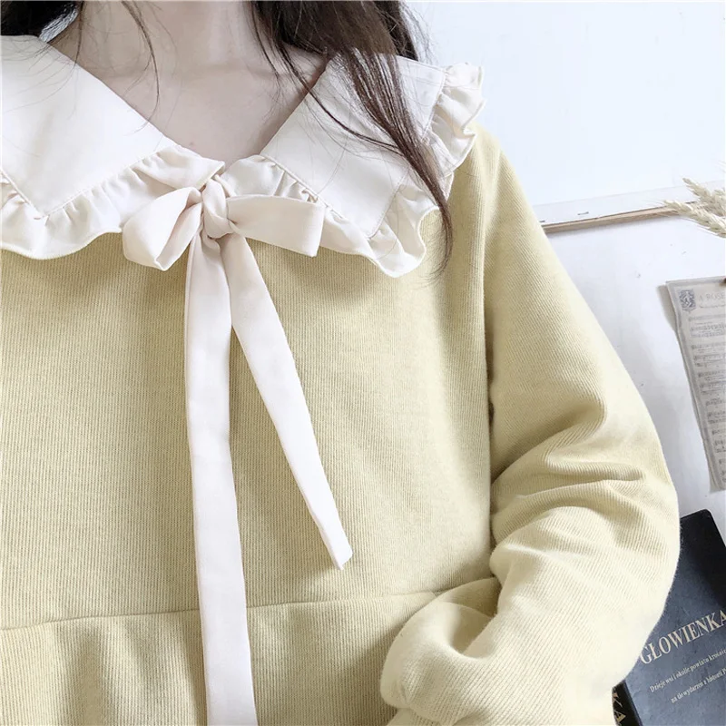 Vestido Casual Lolita Kawaii para mujer, vestido de punto amarillo de manga larga, cuello Peter Pan, corbata de lazo, lindo japonés, niñas adolescentes, Invierno