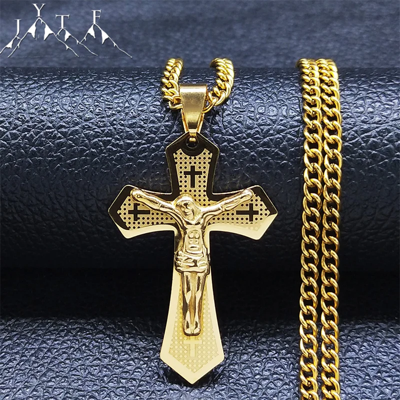 Edelstahl Christian Jesus Kreuz Anhänger Halsketten Männer/Frauen Gold Farbe lange Halsketten Schmuck Collier Homme n3166s05