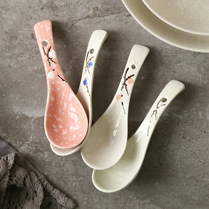 Japanese Ceramic Spoon Handpainting Porcelain Soup Spoon Kitchen Cooking Utensil Tool Creative Milk Stirring Spoon Tableware