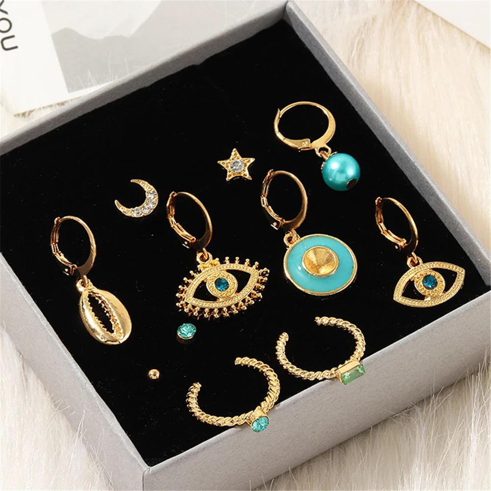 Boho Vintage Geometric Drop Earrings For Women 2020 Eyes Moon Shell Star Crystal Faux Pearls Pendant Earring Set Female Jewelry