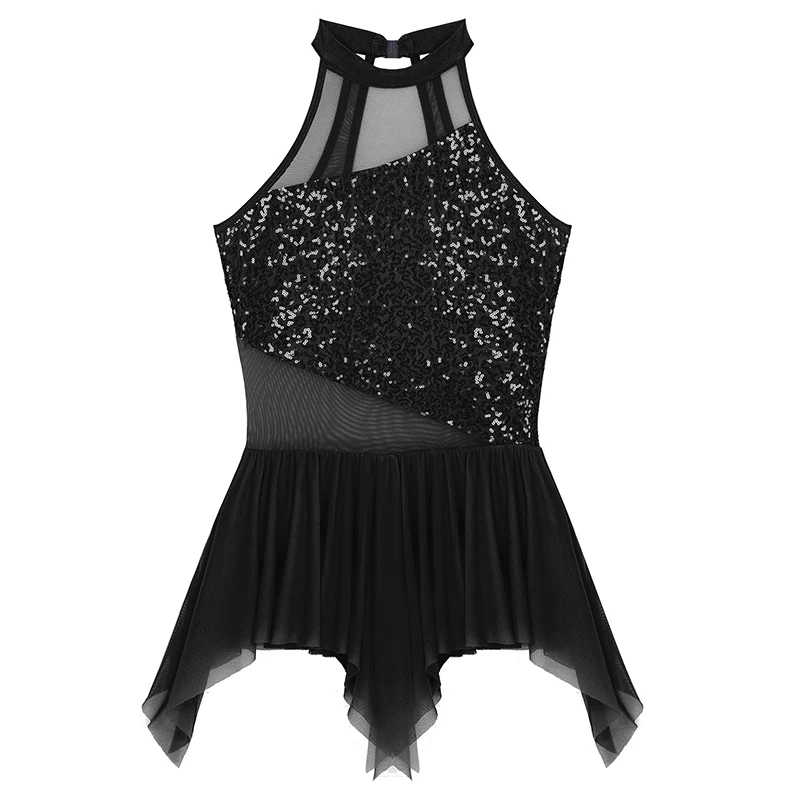 TiaoBug Women Performance Dance Costume Halter Shiny Sequin Mesh Splice Irregular Ballet Gymnastics Leotard Figure Skating Dress