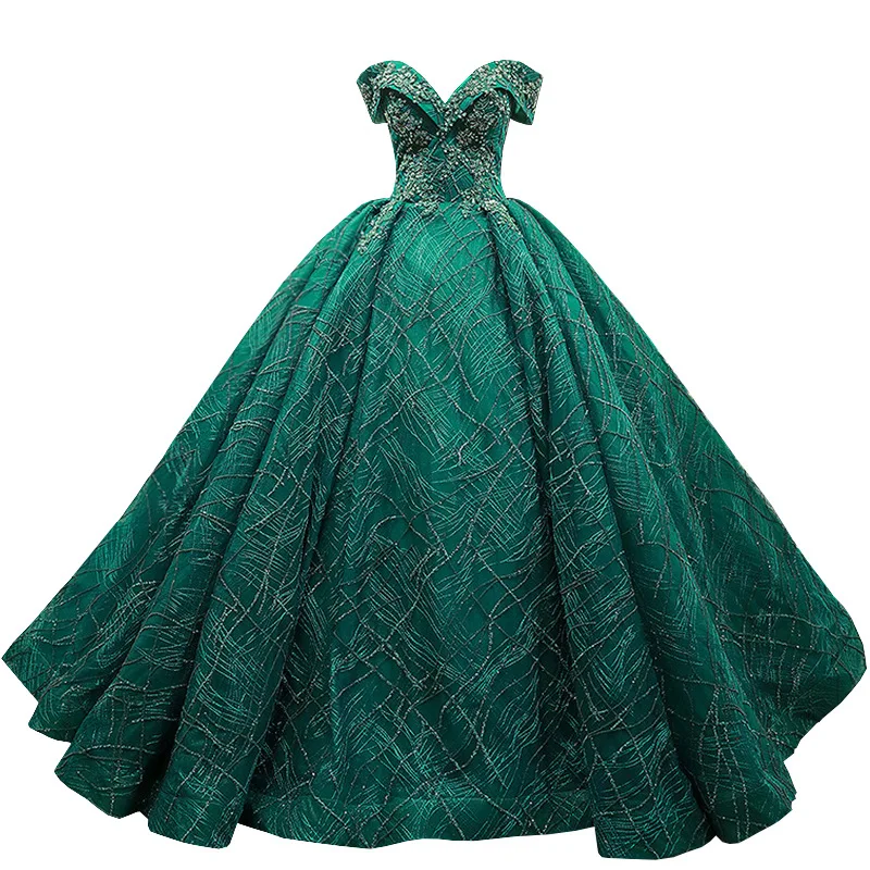 Alta qualidade verde escuro quinceanera vestidos barco pescoço bola vestido de renda artesanal lantejoulas brilhando vestido de baile