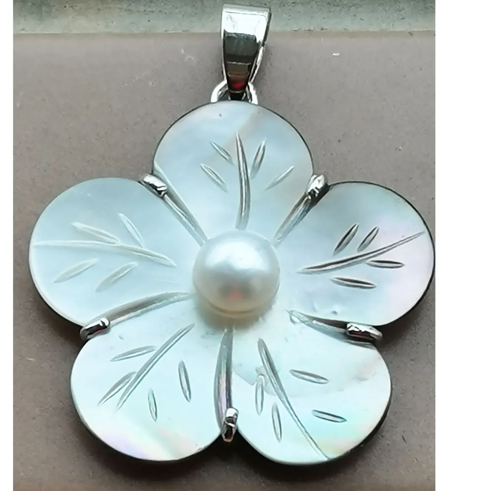 Fashion Jewelry 32mm Beatiful Mother of pearl Shell Art Flower Pendant Bead 1pcs C3626