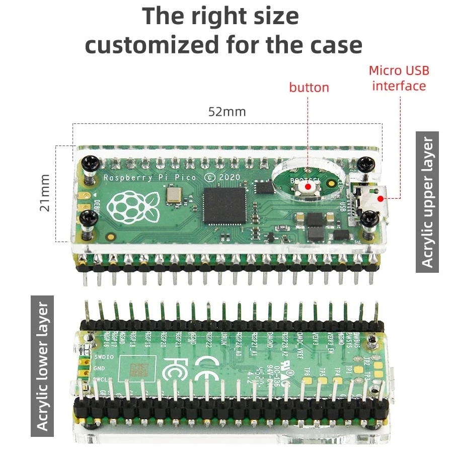 Raspberry Pi Pico Transparent acrylic protective case, Case for Raspberry Pi Pico open - transparent
