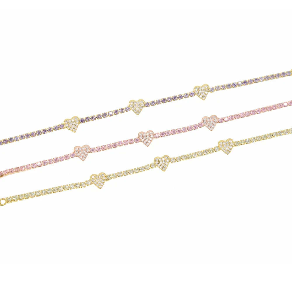 2025 Delicate Colorful White Purple Pink Thin Tennis Cz Heart Chain Bracelets For Women Lover Elegance Gifts Jewelry