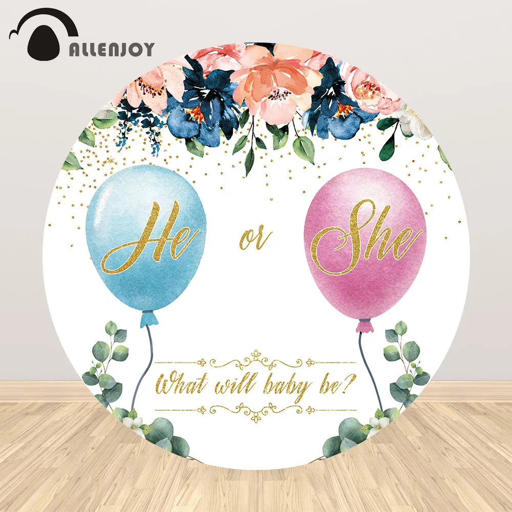 

Allenjoy Gender Reveal Round Balloon Backdrop Baby Shower Newborn Boy Girl Party Supplies Banner Flowers Pastel Bokeh Wall Decor