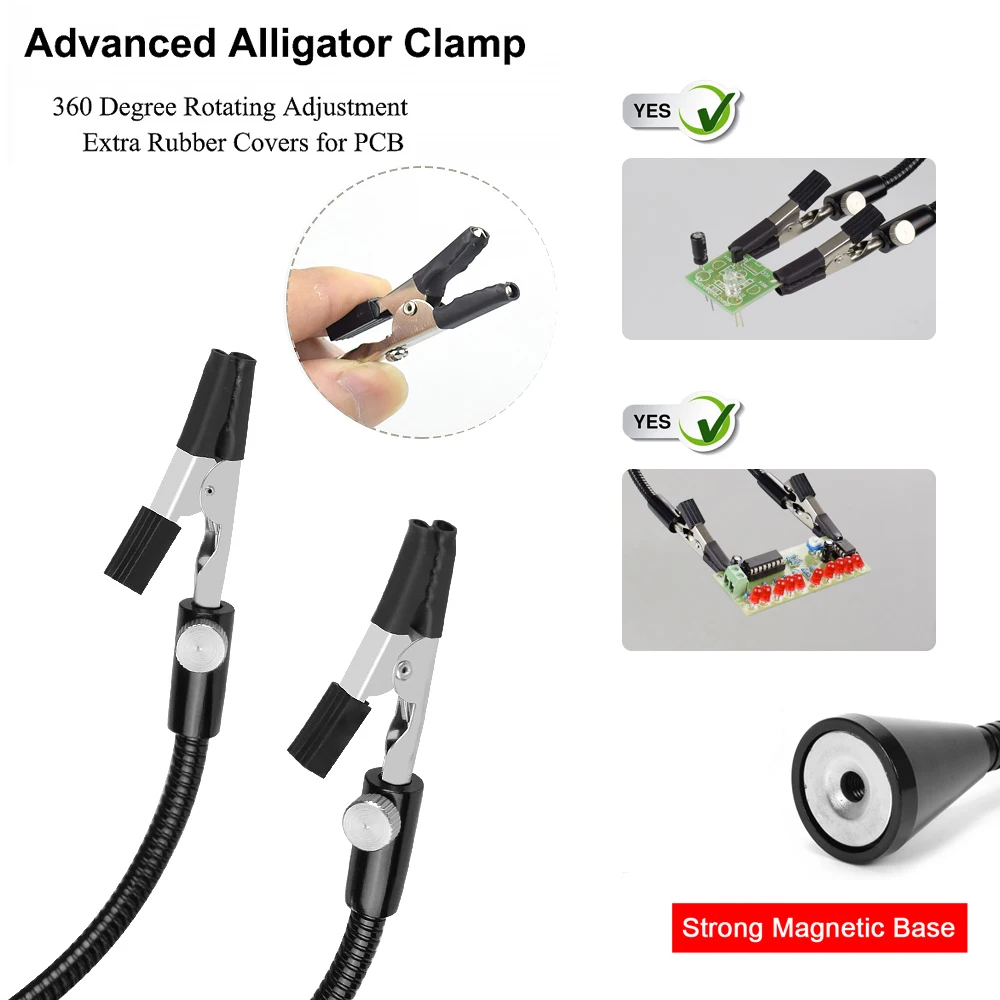 Adjustable Circuit Board Holder with 2 Magnetic Flexible Arms 360 Degrees Rotated Soldering Helping Hand for Clamping PCB