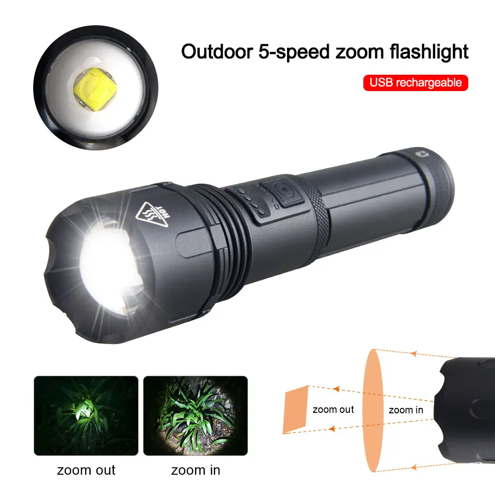 Outdoor Tactical USB Rechargeable Zoomable Hunting Flashlight 5-Speed LED Strong Light Waterproof IPX65 Cycling Flashlight Torch