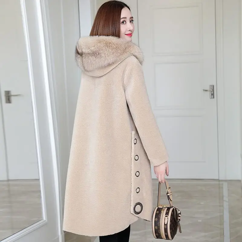 Granular Sheep Shearing Coat Women\'s Mid-Length 2023 Winter New Fox Fur Hooded All-In-One Faux Fur Clothing Jacket L33