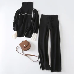 2 Pieces Suit Set Autumn Winter Women Sweater Suits Long Sleeve pullovers + Wide Leg pants sets warm knitted sweater track suits