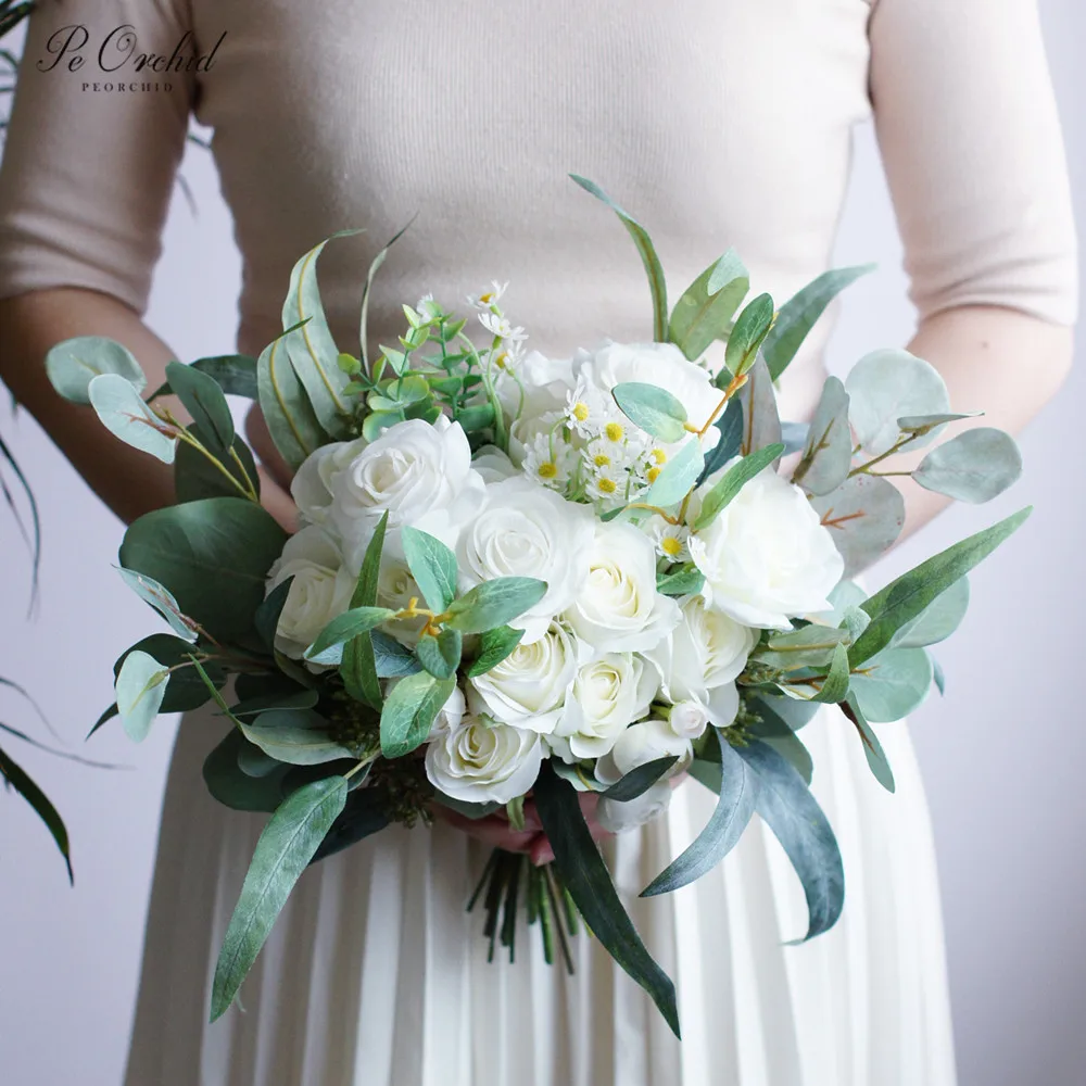 

PEORCHID Customized Green&White Bridal Bouquets Roses Ramo flores Artificiales Fake Bridesmaid Holding Flowers Wedding Boeket