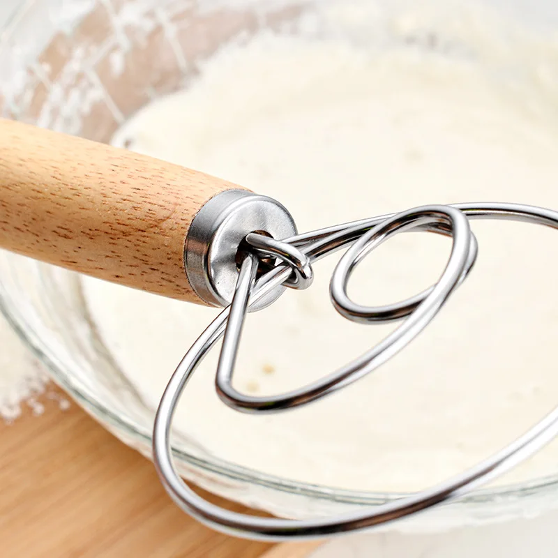 13 Inch Oak Handle Milk Baking Flour Mixer Flour Mixer Danish Dough Mixing Rod Stainless Steel Coil Hand Blender Cooking Tool