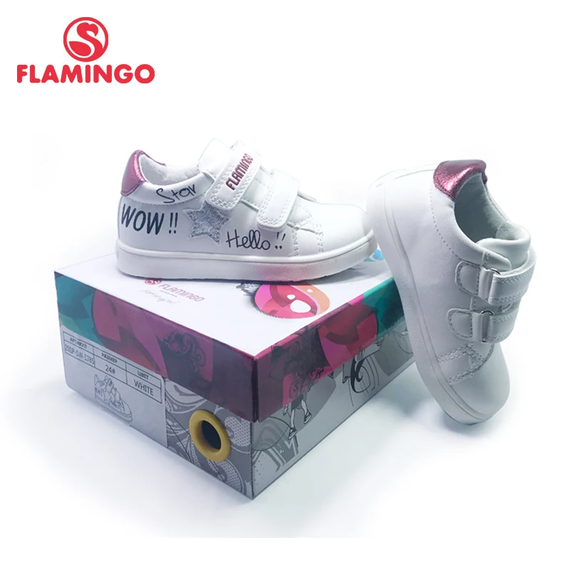 Tênis para meninas tamanho 22-27 frete grátis-primavera estampa flamingo couro legítimo respirável gancho & loop