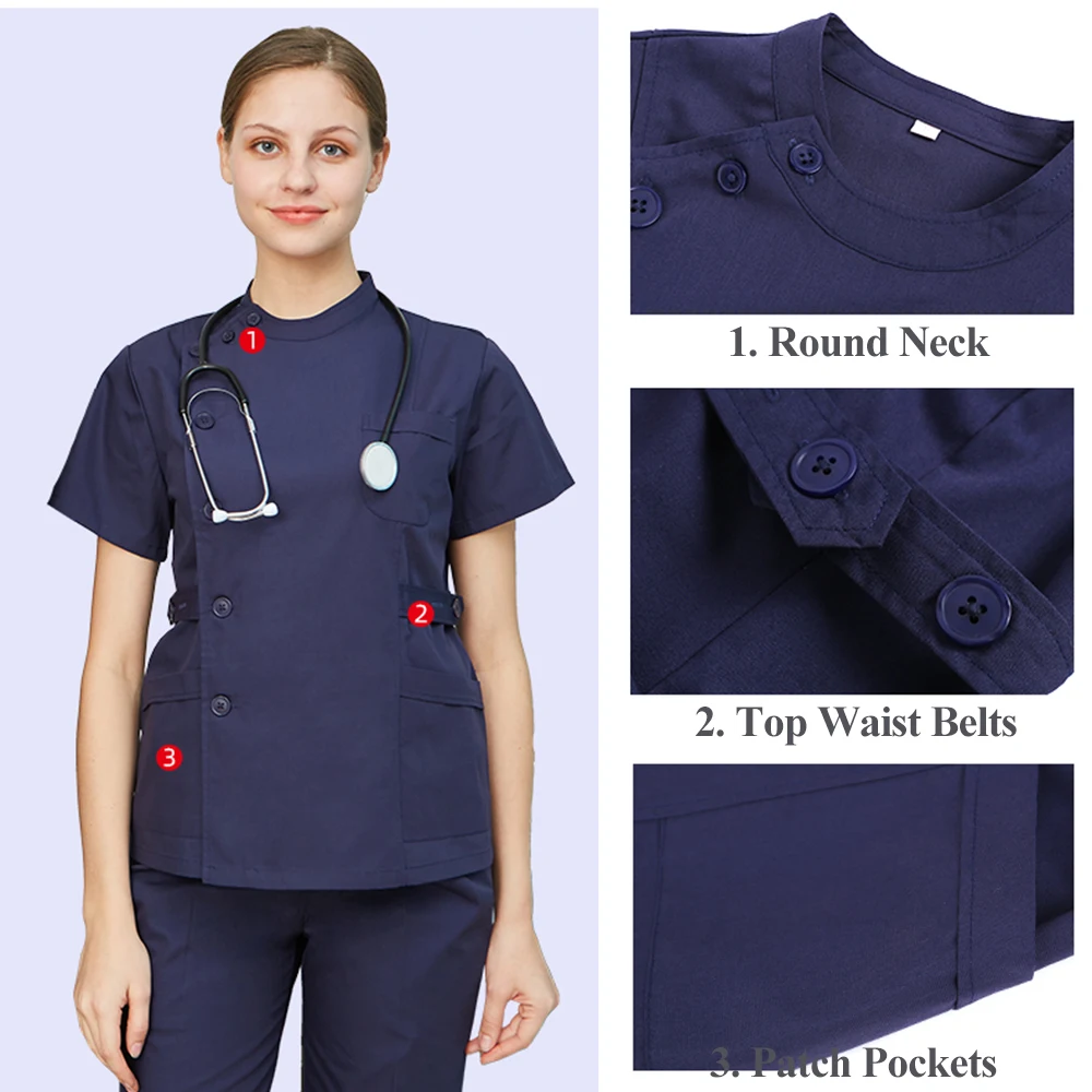 High Quality Scrubs Nursing Uniforms for Women Top and Pant White Navy Blue Poplin Hospital Workwear Surgeon Nursing Set 6535