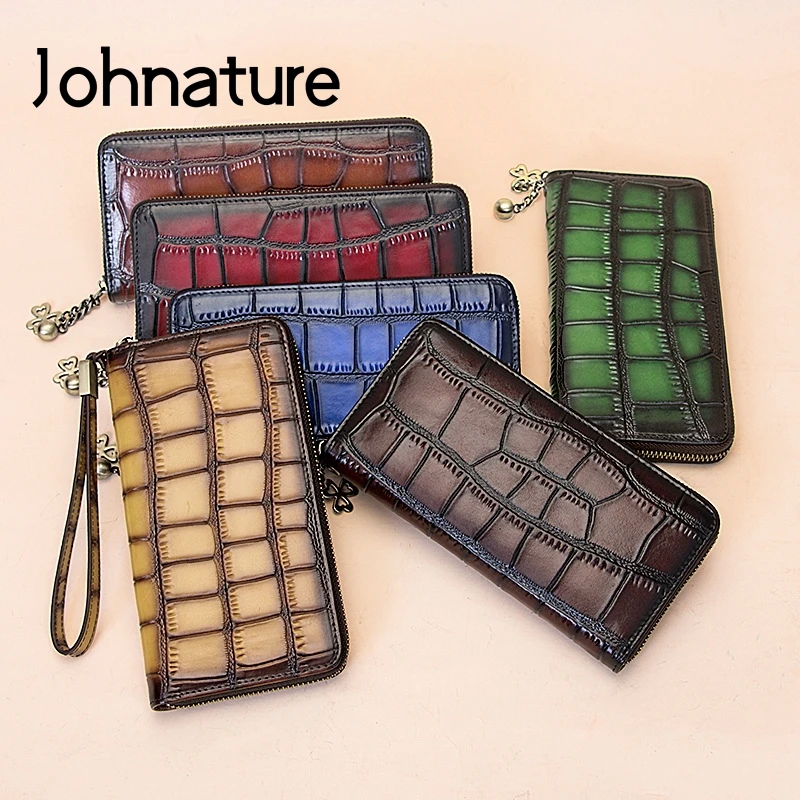 

Johnature Crocodile Pattern Genuine Leather Women Wallets 2024 New Multi-card Position Wallet Card Holder Leisure Cowhide Purse