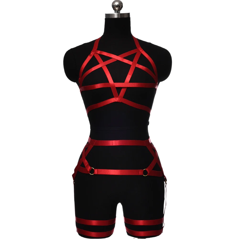 BONDAGE STRAPPY Garter Set Harness Sexy Body Cage Elastic BodySuit Goth Lingerie Stockings Garter Belt Pentagram Crop Top Bra