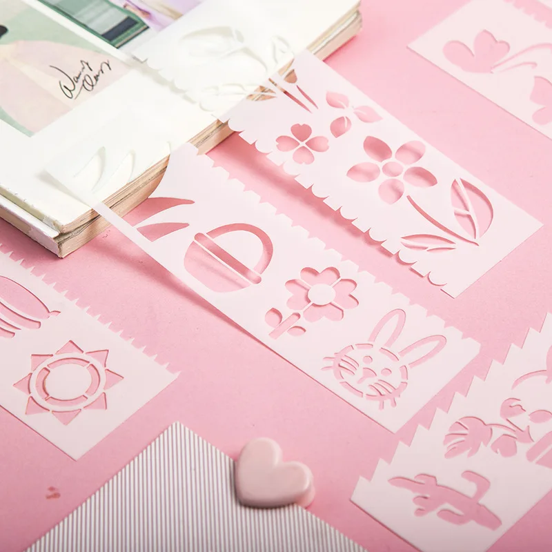 8pcs Rectangular Painting Template Hand Account Multifunctional Hollow Lace Ruler Coloring Template Children Hand Copy