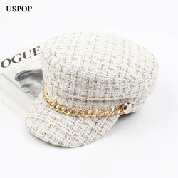 USPOP New women hats Tweed plaid newsboy caps chain flat top visor cap vintage plaid military cap female autumn winter hats