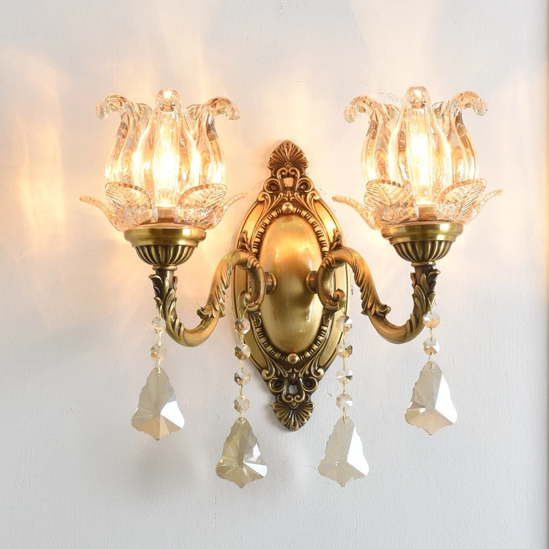 European All Copper Wall Lamp Retro Brass Crystal Lighting Bedroom glass stone Wall Light Bedside Lamp Aisle LED Wall sconces