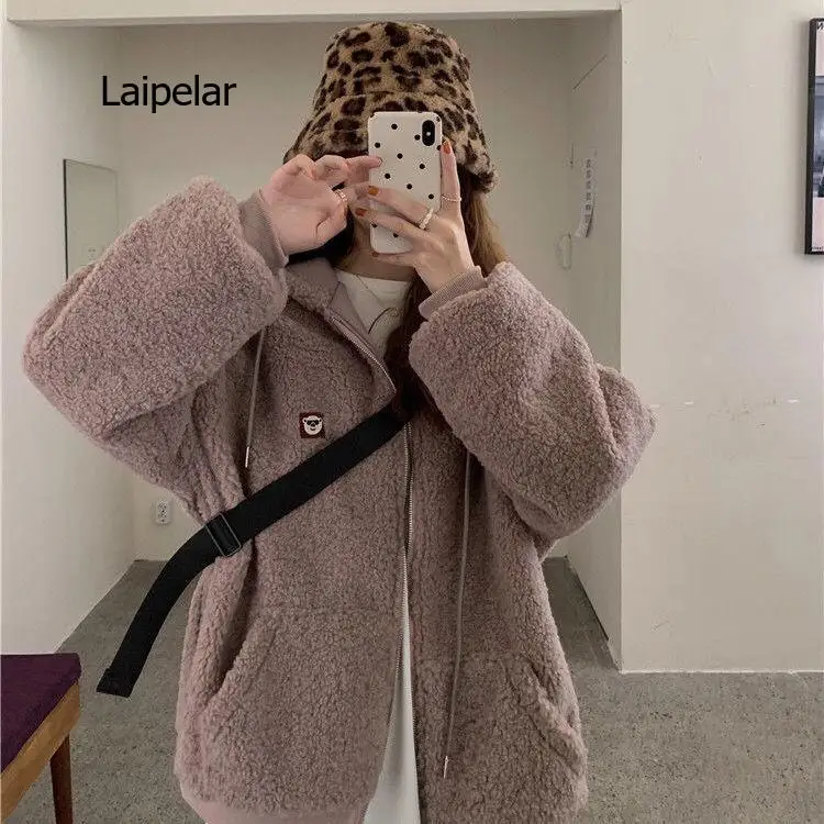 Autumn and Winter New Wool Lamb Cashmere Cardigan Sweater Women's Loose Hooded Zipper Top Harajuku One-piece Hat Warm Coat Women