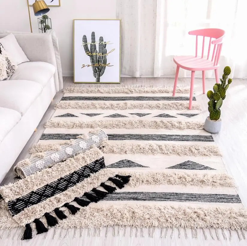 Indian Hand-Woven Cotton Rugs Big Carpets for Bedroom Living Room Ethnic Style Tapestry Geometric Plaid Kilim Floor Mats