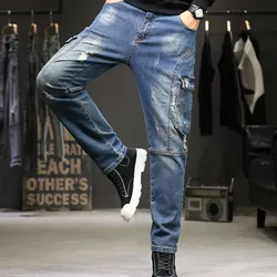 Calça jeans masculina hiphop, roupas de lazer masculinas largas com bolso e tamanho 44