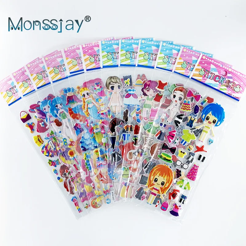 12 Sheets Cute Dress Up Girl Style 3D Cartoon Stickers Children Classic Toys DIY Scrapbook Sticker for Girls Gift