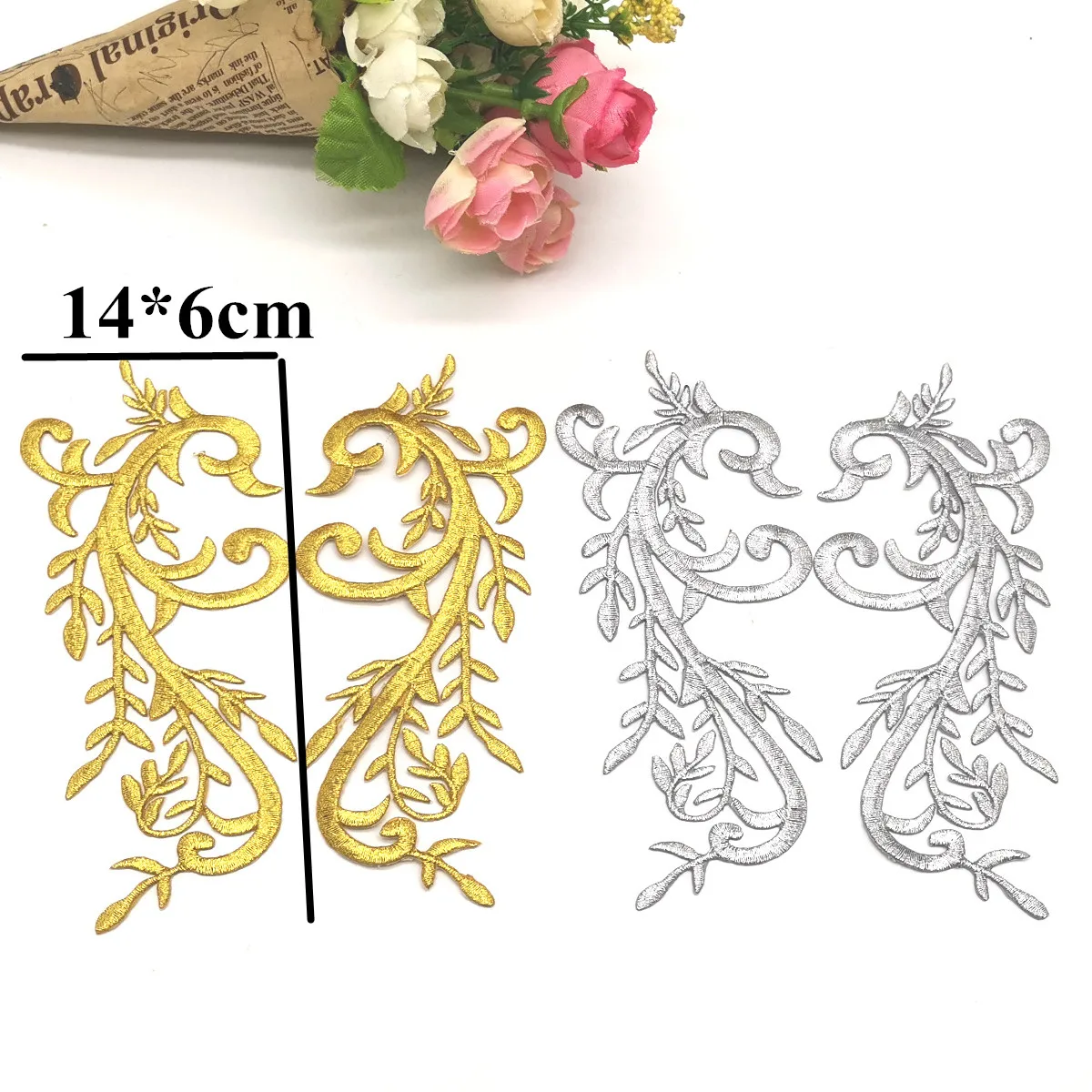 Gold Embroidery Patches Iron On Appliqued Mirror Pairs Diy Garment Costumes Trims 14cm*6cm