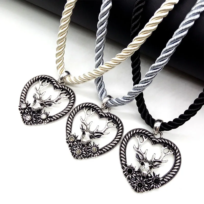 Fashion Charming Elk Deer Pendant Necklace Heart Shape Vintage Multicolor Strands Rope Necklace Oktoberfest Jewelry Wholesale