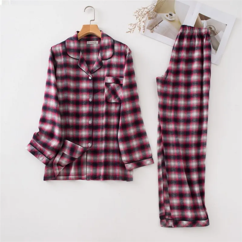 Mùa Xuân, Mùa Thu 2022 Nữ Kẻ Sọc Pyjama Bộ Nữ 100% Cotton Đồ Ngủ Phù Hợp Với Tay Dài Cổ Bẻ Sơ Mi & Quần