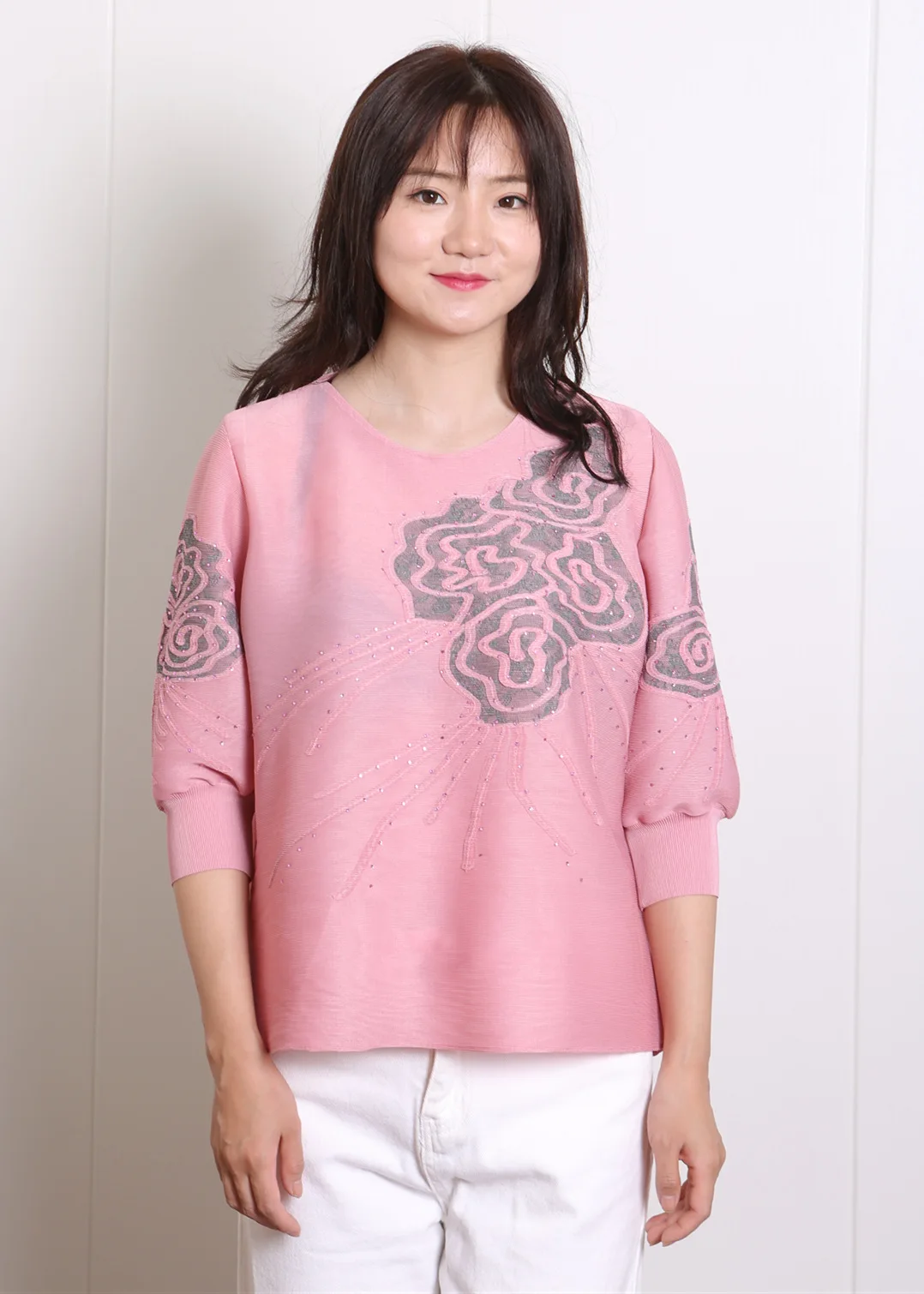 O-Neck 3 / 4 Sleeve Floral Short Hot Drill Pleated Top T-shirts